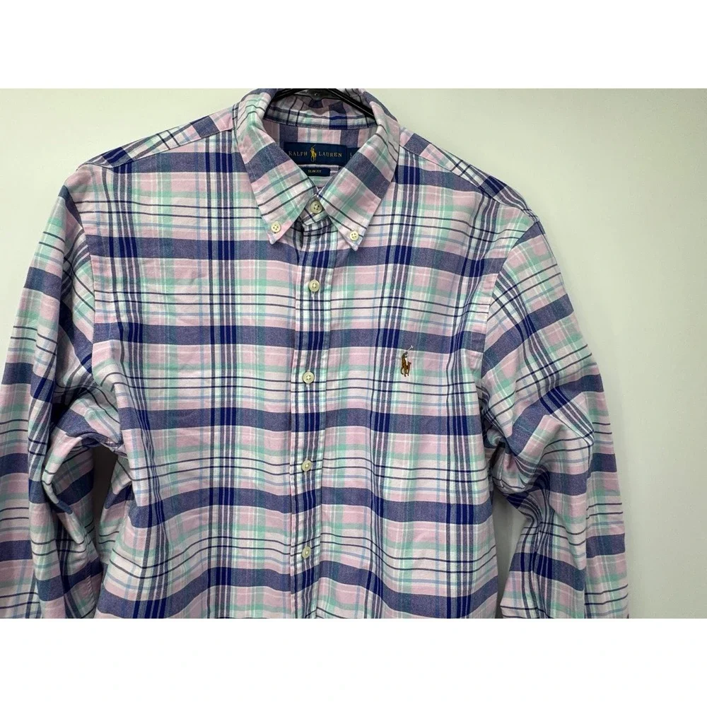 Ralph Lauren Men's Slim Fit Purple Plaid Button Down Long Sleeve Cotton Shirt Lg - Picture 3 of 6